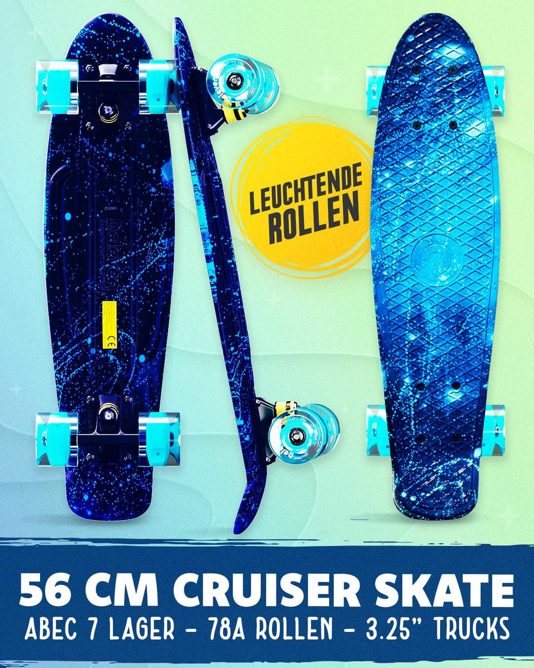 Deleven Skateboard mit LED Rollen, Skate Tool und ABEC 7 Lager - Kinder Erwachsene Anfänger - 56 cm