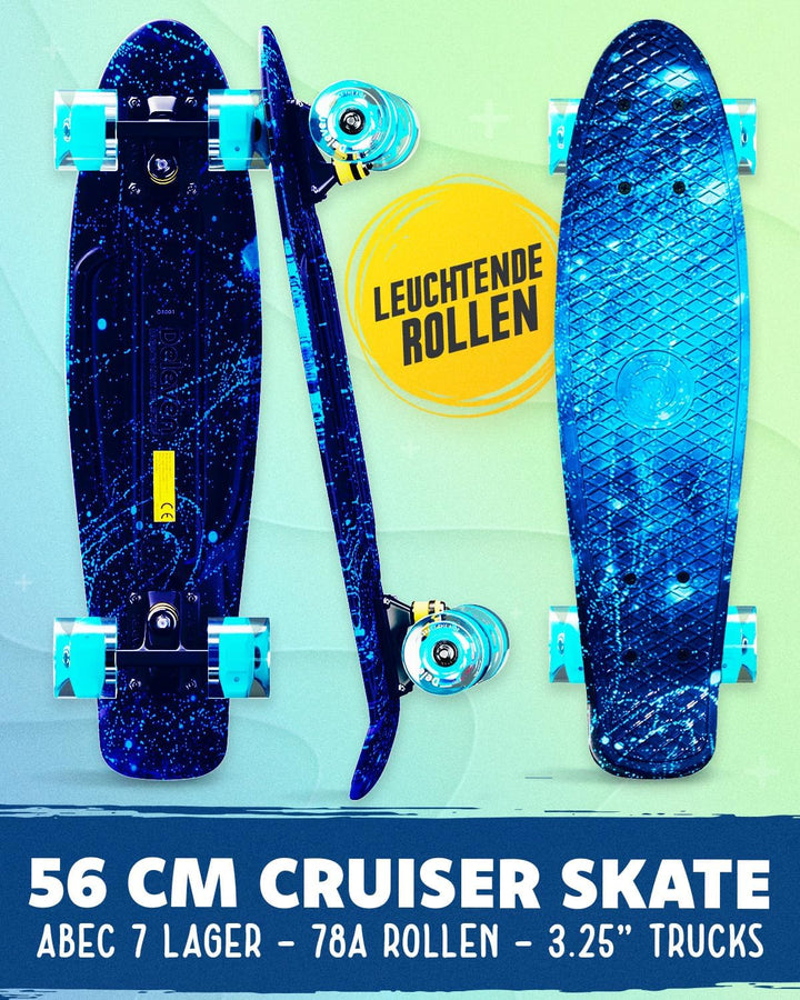Deleven Skateboard mit LED Rollen, Skate Tool und ABEC 7 Lager - Kinder Erwachsene Anfänger - 56 cm