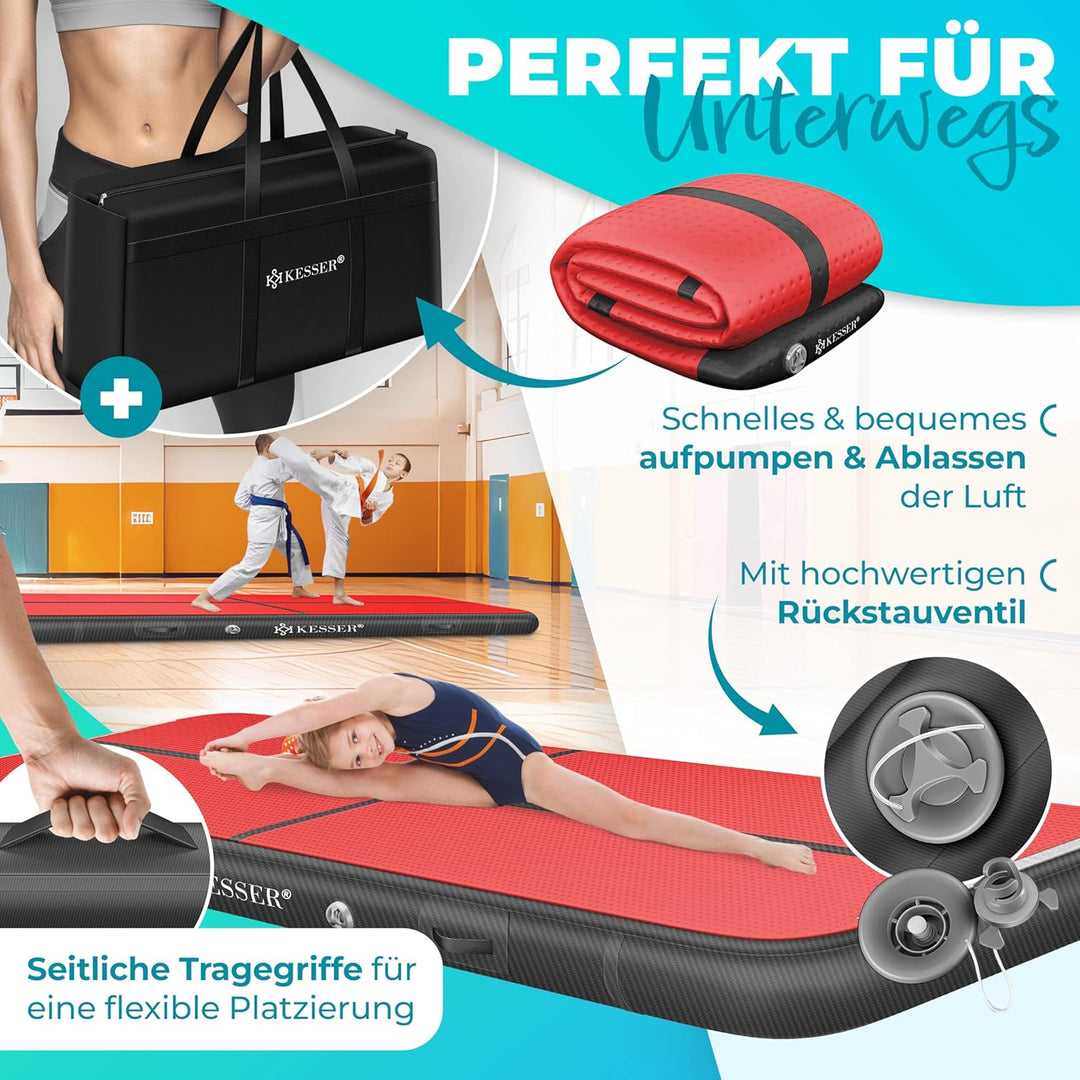 KESSER® Turnmatte Aufblasbar Airtrack Fitness-Matte Gymnastikmatte | inkl. Tragetasche & elektr. Luf