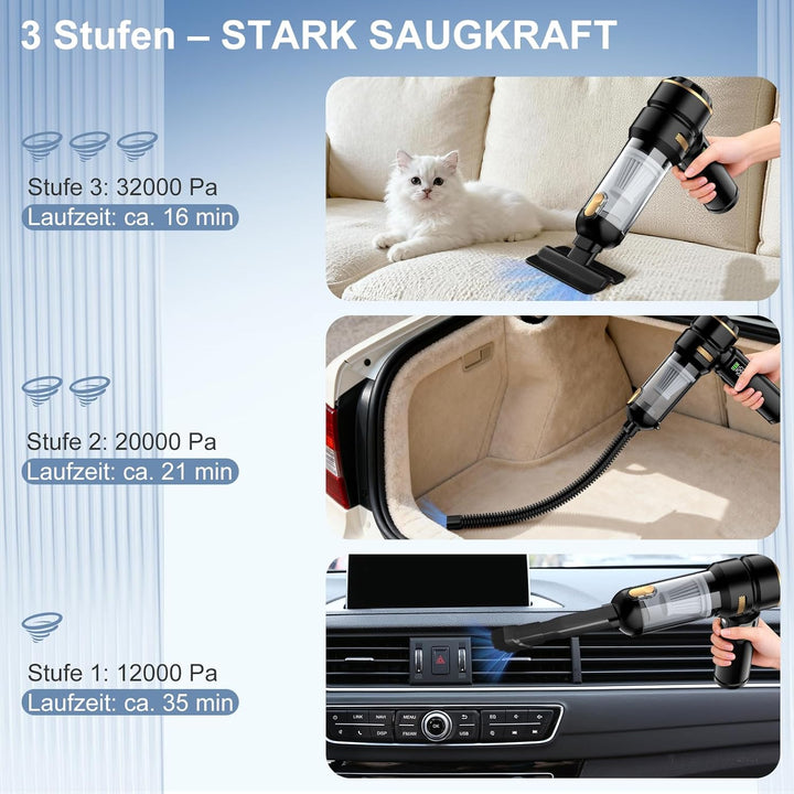 Handstaubsauger Akku 4-in-1, 32000Pa Auto Staubsauger Stark, Handstaubsauger Auto, LCD Display Autos
