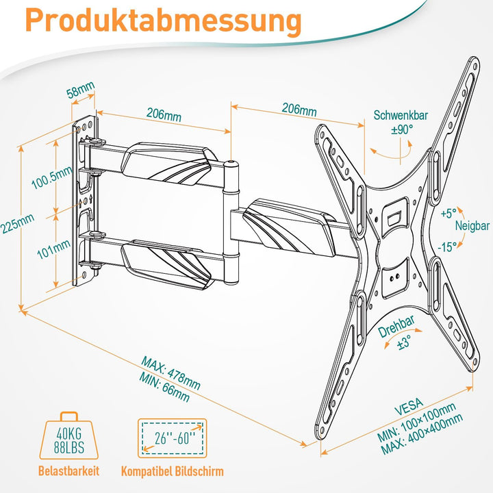 ELIVED TV Wandhalterung Schwenkbar Neigbar TV Halterung für 26-55 Zoll Flach/Curved Fernseher oder M
