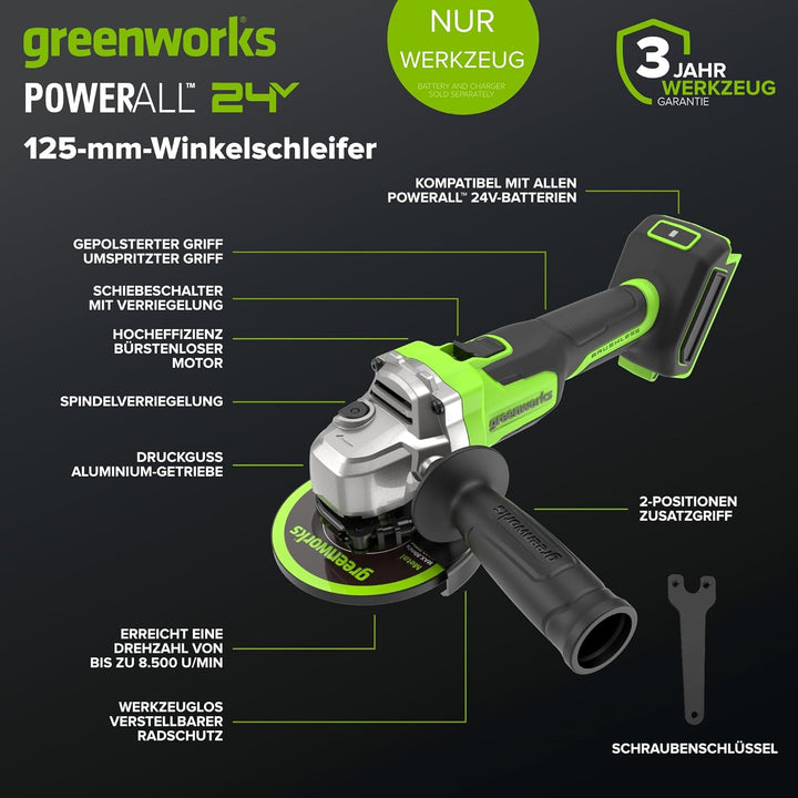 Greenworks 24V Akku-Winkelschleifer, 125 mm Scheibe, 8500 U/min, 700 W bürstenloser Motor, links- un