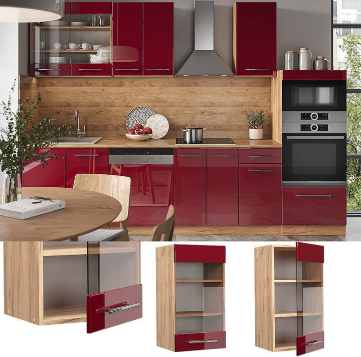 Vicco Küchenschrank Glas Fame-Line, Bordeaux Hochglanz/Goldkraft Eiche, 40 cm Hängeglasschrank 40 cm