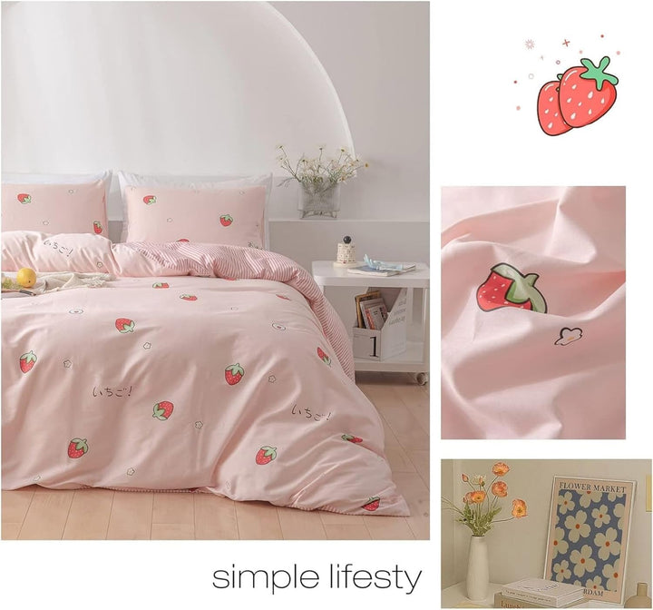 Freyamy Kinderbettwäsche 135x200cm 2teilig Rosa Rot Cartoon Erdbeere Kinder Wendebettwäsche Gebürste