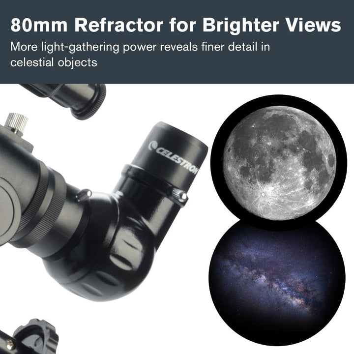 Celestron 21048 PowerSeeker 80EQ Refraktor-Teleskop - mit Zwei Okularen, seitenrichtigem Spiegel, Ei