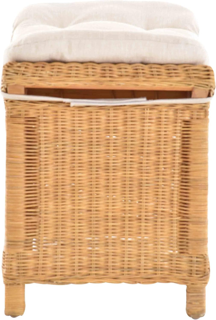 Fusshocker mit geschwungener Ablage, Stabiler Sitzhocker/Schemel/Hocker aus echtem Rattan mit Kissen
