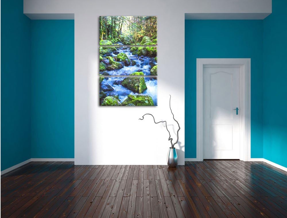 Pixxprint Wilder Bach im Wald als Leinwandbild/Grösse: 3 Teilig (120x80) cm/Wandbild/Kunstdruck/fert
