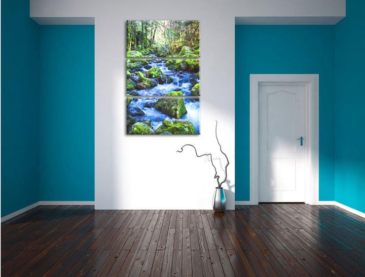 Pixxprint Wilder Bach im Wald als Leinwandbild/Grösse: 3 Teilig (120x80) cm/Wandbild/Kunstdruck/fert