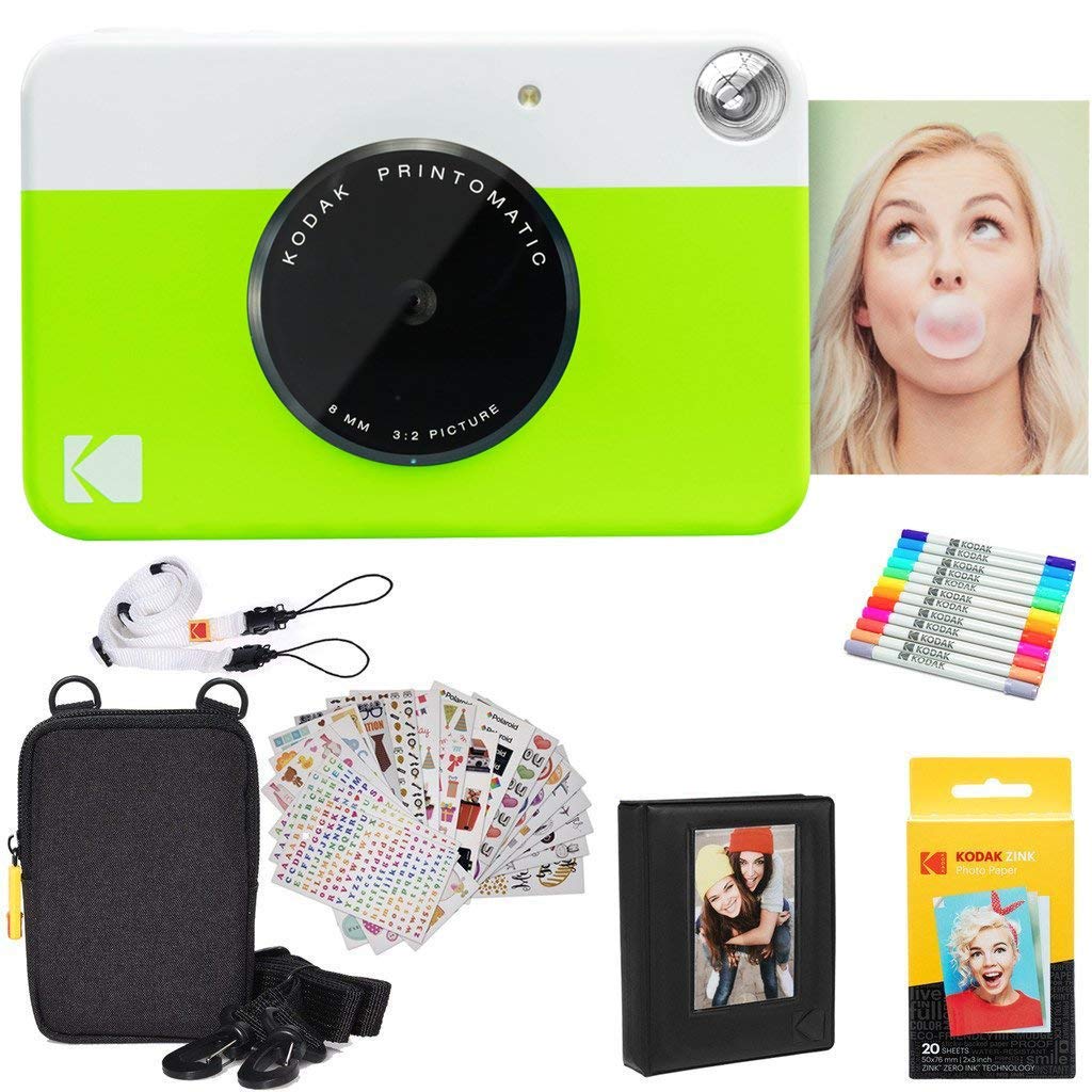 KODAK Printomatic Sofortbildkamera (Grün) Geschenkpaket + Zinkpapier (20 Blatt) + Etui + 7 Aufkleber