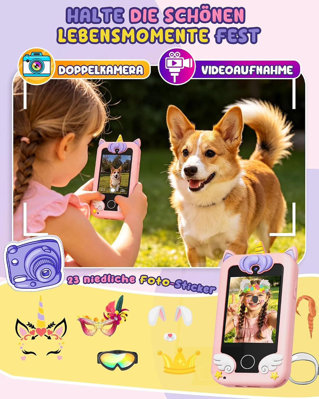 UCIDCI Kinder-Smartphone-Spielzeug für Mädchen im Alter von 3–7 Jahren mit Dual-Kamera – Kleinkind-H