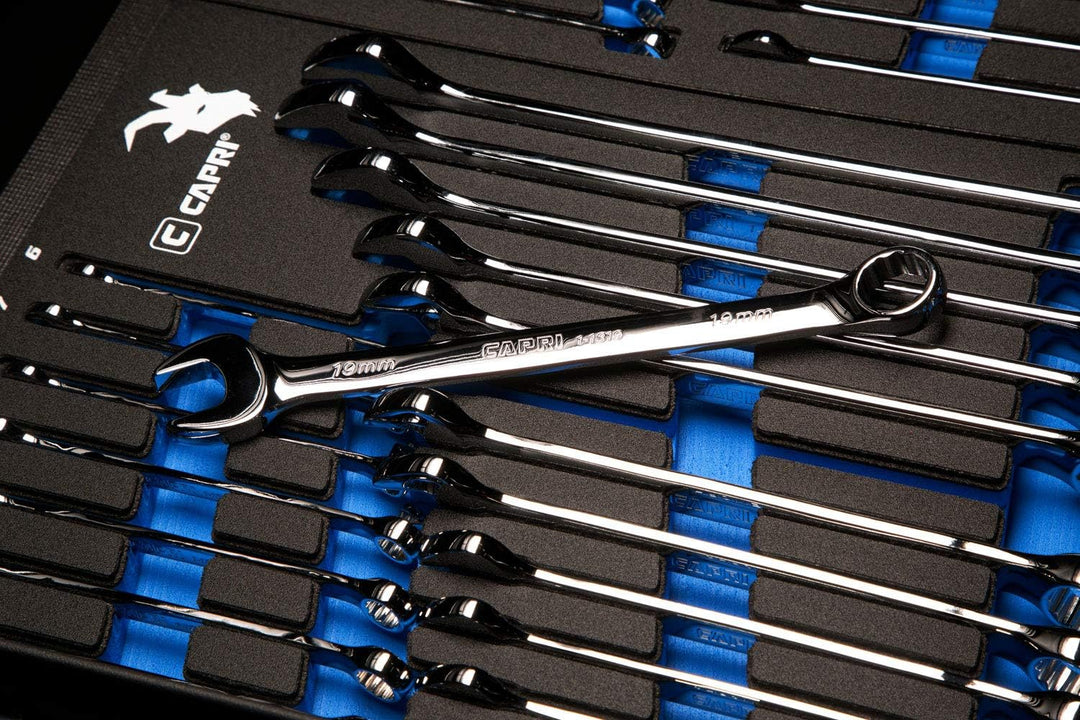 Capri Tools SmartKrome Ringmaulschlüssel-Set mit der Mechanikerablage, CP11390MT, 19-Piece Metric/Me