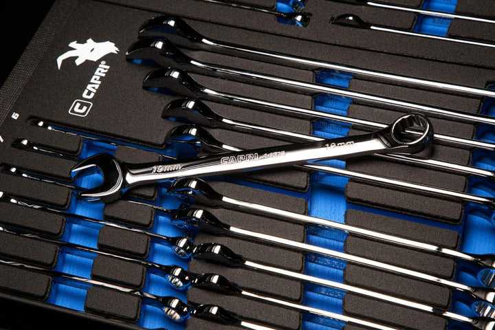 Capri Tools SmartKrome Ringmaulschlüssel-Set mit der Mechanikerablage, CP11390MT, 19-Piece Metric/Me