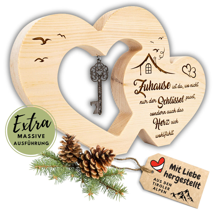 sagl.tirol Geschenkidee zum Einzug I Doppelherz aus Zirbenholz mit Schlüssel I 100% Naturprodukt I E