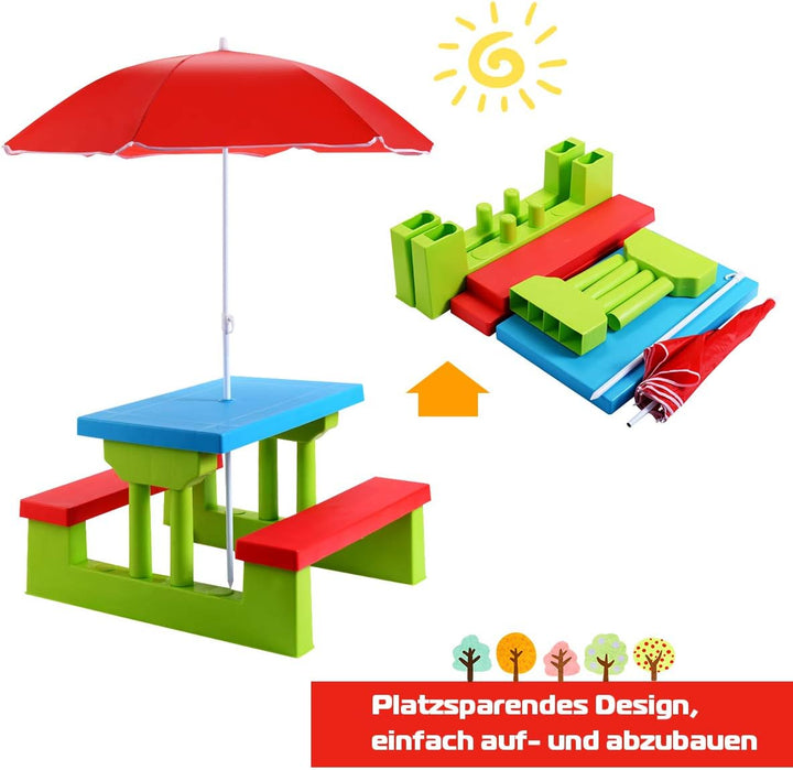 RELAX4LIFE Sitzgruppe Kinder, Sitzgarnitur Outdoor, Kindermöbel mit Sonnenschirm, Kindertisch Inkl.