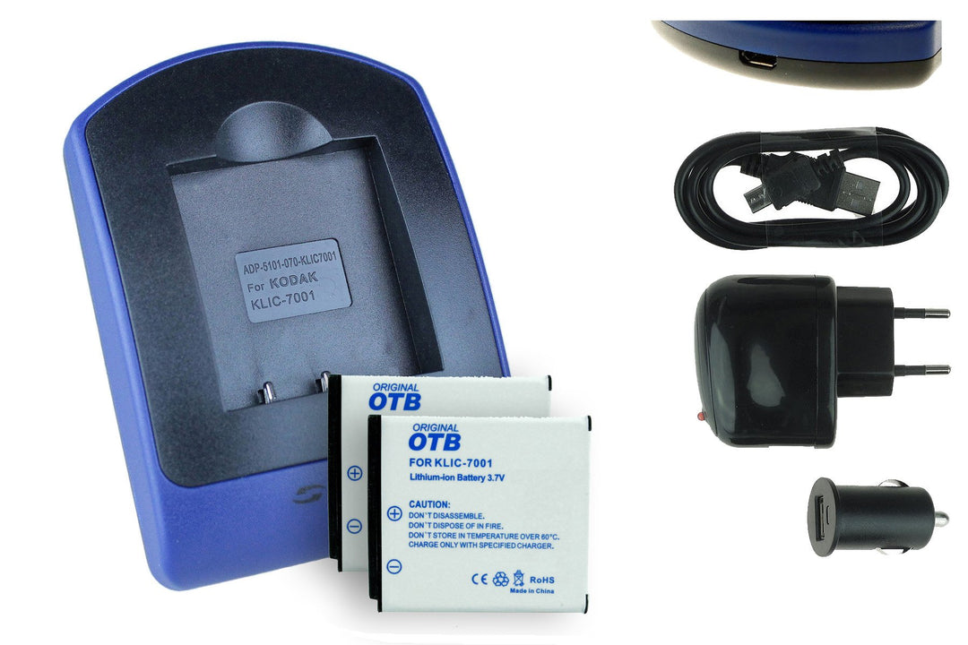 2 Akkus + Ladegerät (Netz+Kfz+USB) für Kodak Klic-7001, Easyshare M320... / BenQ DC E1050 E1220 / Pr