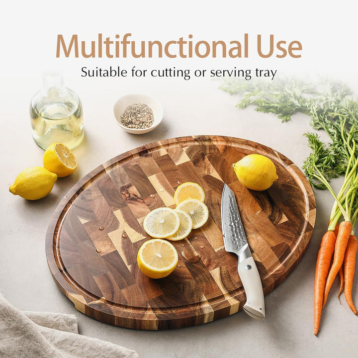 HEZHEN Akazienholz Hackbretter, Hirnholzmaserung Schneidebrett Eingebaute Saftrinne,Ovale Servierbre