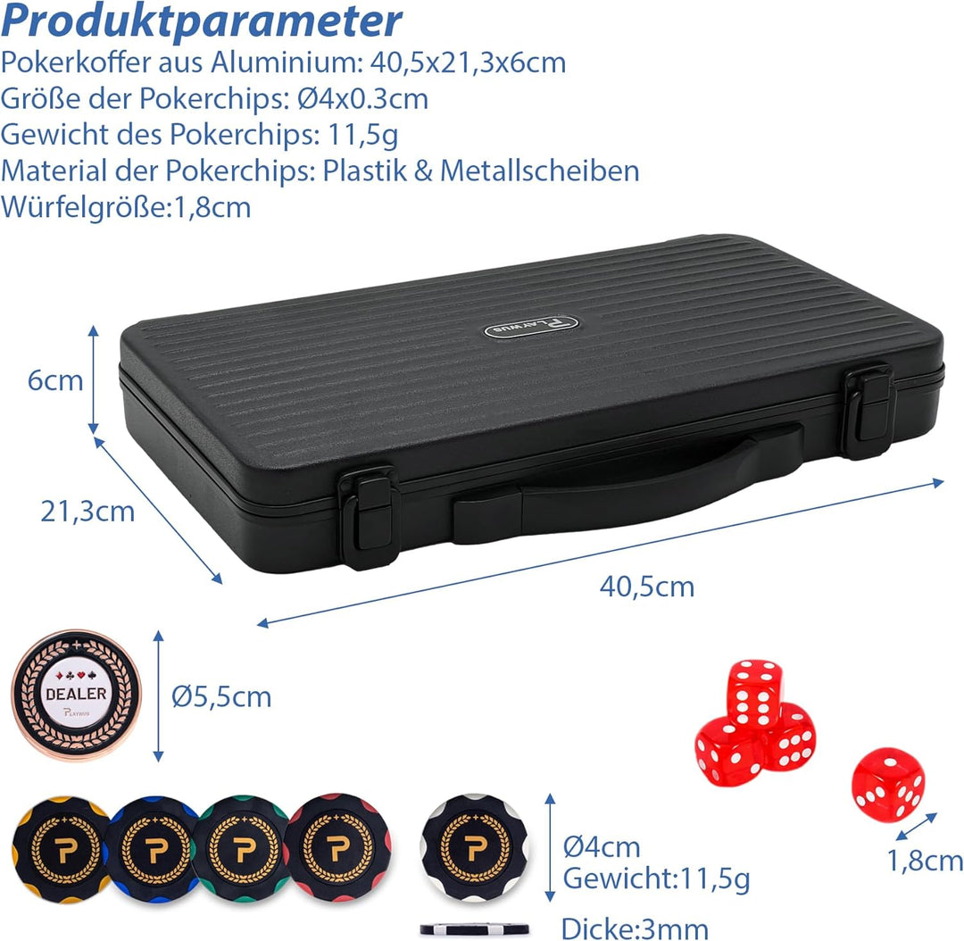 Pokerset inkl. 2X Pokerdecks, 5X Würfel, Dealer/Small Blind/Big Blind Button, Pokerspiel Alu Pokerko