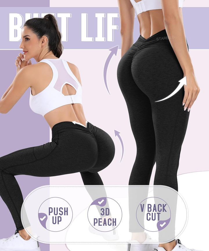 STARBILD Leggings Tiefer V Back Shape Sport, Damen Lange Yogahosen Blickdicht Scrunch Butt, für Fitn
