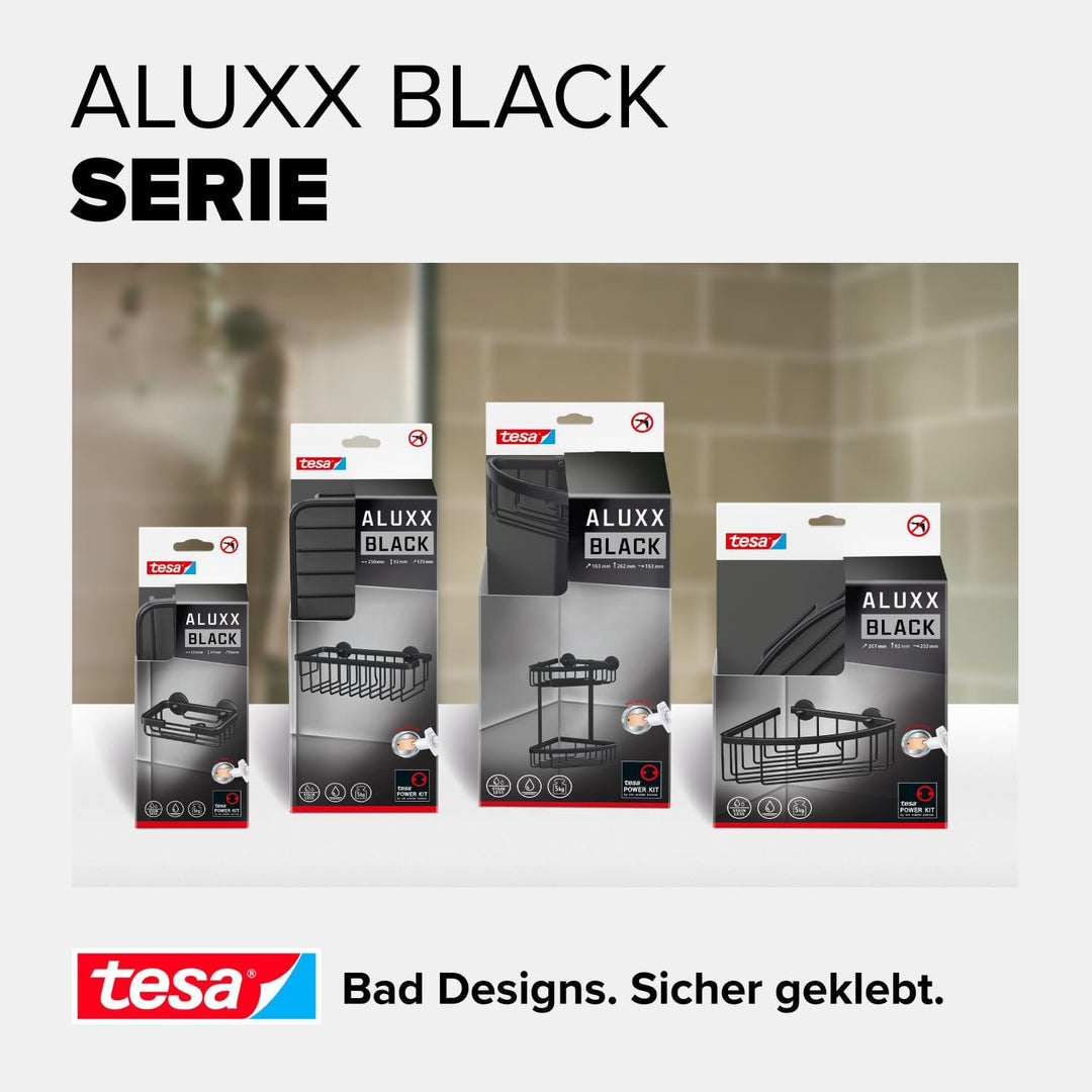 tesa ALUXX BLACK Eck-Duschablage zur Wandmontage ohne Bohren, schwarz matt - einstöckig - für Bäder