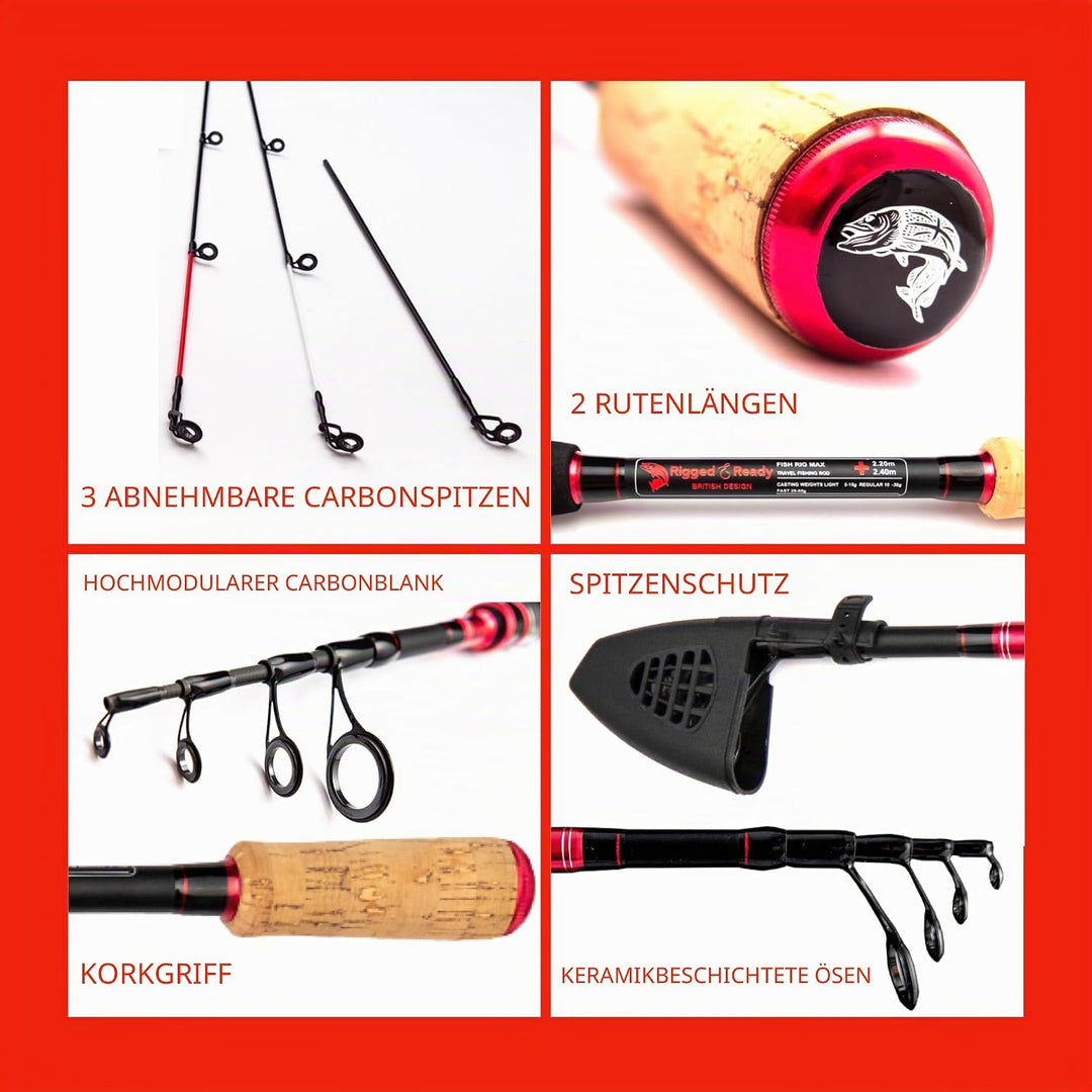 Rigged and Ready Fish Rig Max Tele Angelrute Die einzige Spin-Baitcast Teleskoprute der Welt 240 & 2