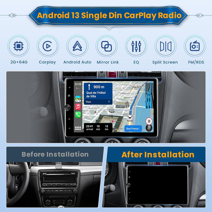 Android 15 Autoradio 1 Din CarPlay mit Bildschirm (2 + 64G) 10,4 Zoll drehbarer Touchscreen Stereo A