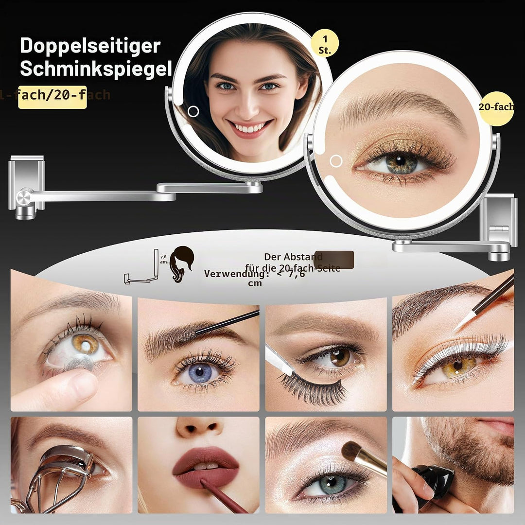 Wandmontierter Make-up-Spiegel, Vergrösserungsspiegel mit Licht, 20X/1X doppelseitig, höhenverstellb