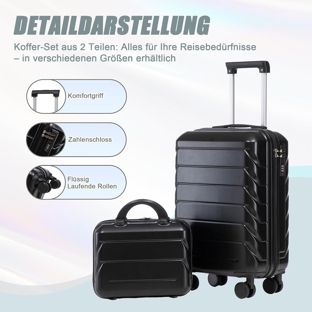 Hartschalen-Koffer Trolley Handgepäck Rollkoffer, Reisekoffer Set mit 4 Rollen, 2er Gepäckset Schwar