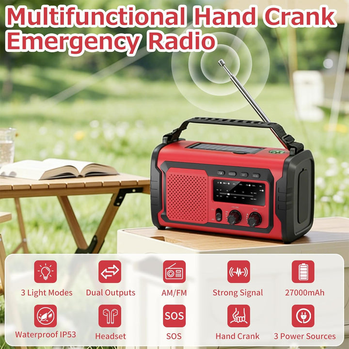 Kurbelradio 27000mAh Notfallradio mit Solar & Handkurbel, AM/FM Emergency Radio mit SOS Alarm, Bluet