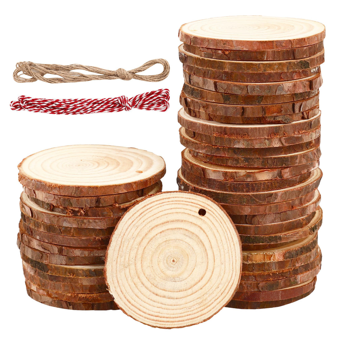 40 Stück Holzscheiben 7-8 cm,Rund Holzscheiben zum Basteln mit zwei Baumwollschnüren,Holzscheibe aus