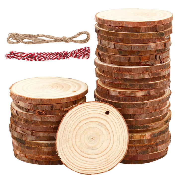 40 Stück Holzscheiben 7-8 cm,Rund Holzscheiben zum Basteln mit zwei Baumwollschnüren,Holzscheibe aus