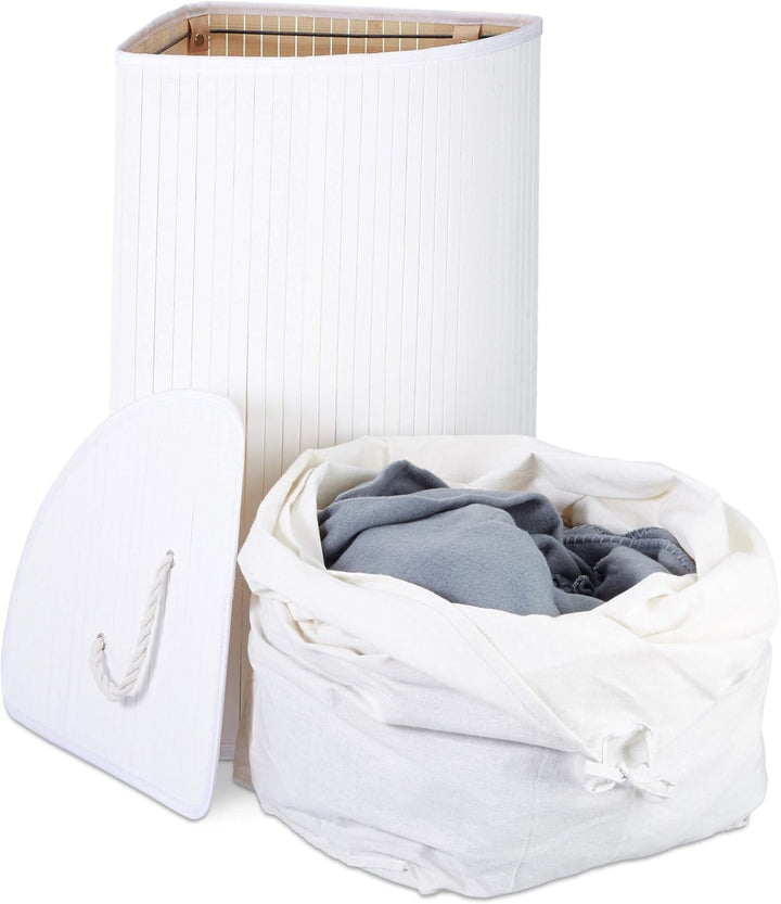 Relaxdays Eckwäschekorb Bambus, faltbare Wäschebox 60 l, platzsparend, Wäschesack Baumwolle, 65 x 49