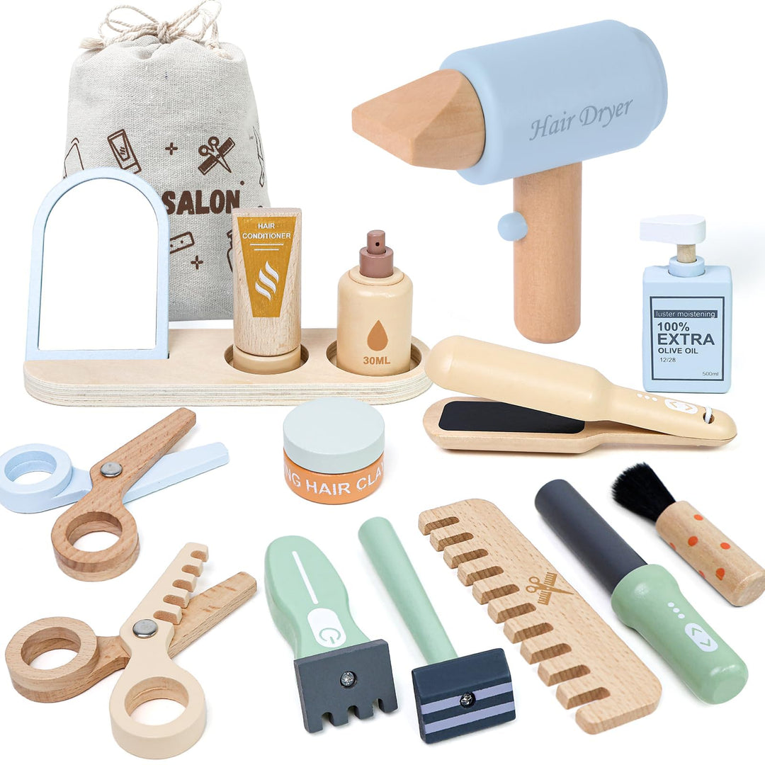 FIIOEOY Holz Friseur Set Kinder mit Haartrockner Lockenstab Haarstyling Rasierzubehör Salon Friseur
