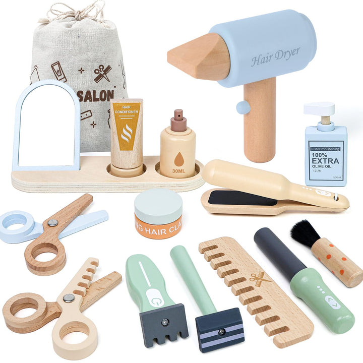 FIIOEOY Holz Friseur Set Kinder mit Haartrockner Lockenstab Haarstyling Rasierzubehör Salon Friseur