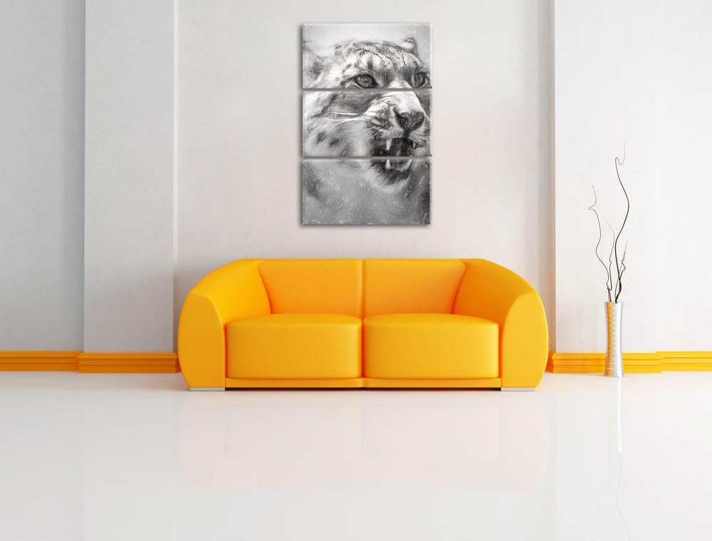 Schneeleopard zeigt Zähne Spezial 3-Teiler Leinwandbild 120x80 Bild auf Leinwand, XXL riesige Bilder
