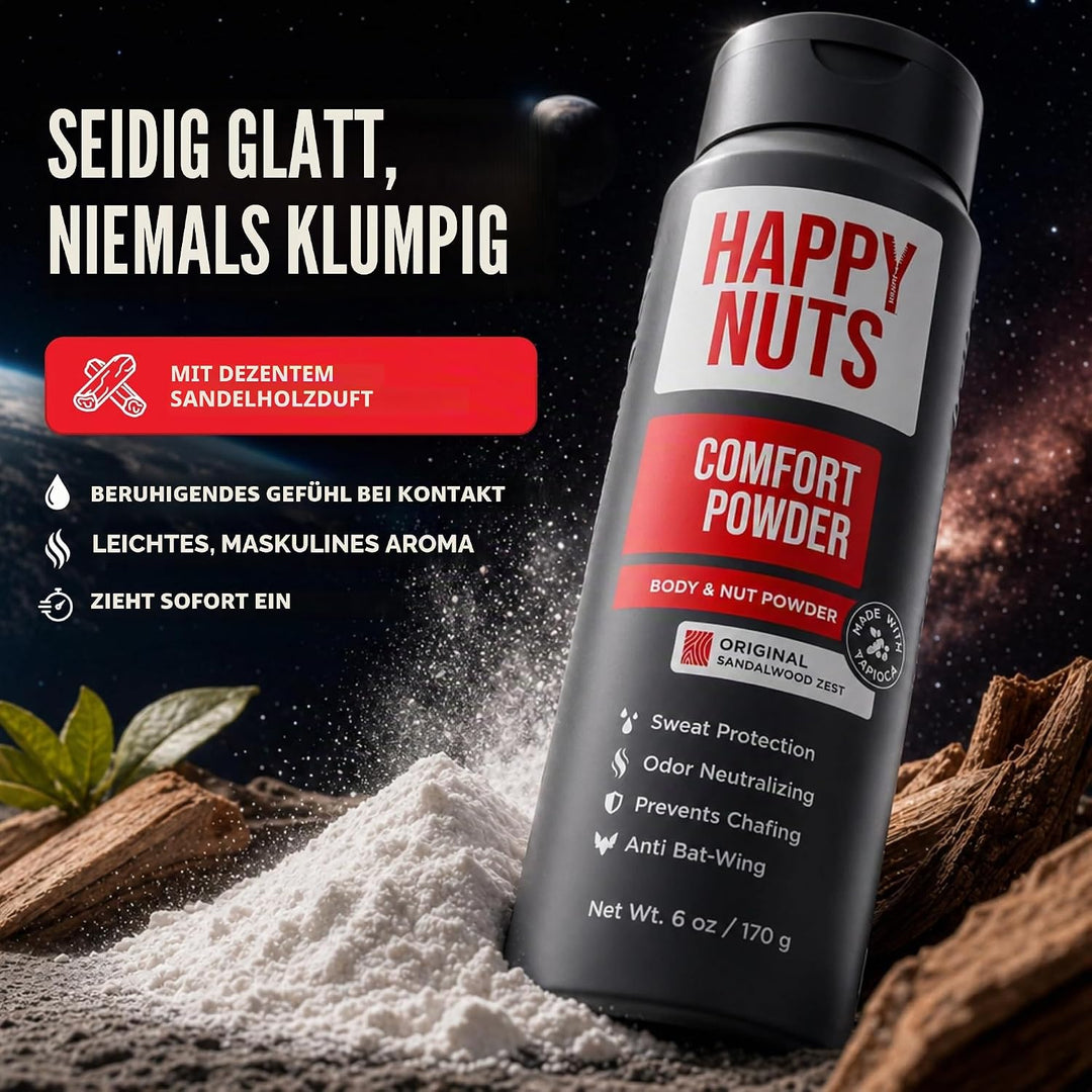 Happy Nuts Comfort Powder – Anti-Scheuern, Schweissabwehr und Geruchskontrolle für Leiste, Füsse und
