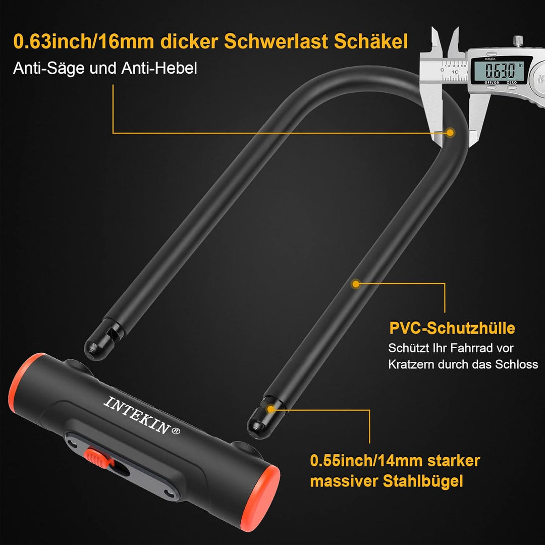INTEKIN Fahrradschloss Bügelschloss mit Halterung, 16mm Fahrrad Bügelschloss mit 3 Schlüssel, Hohe S