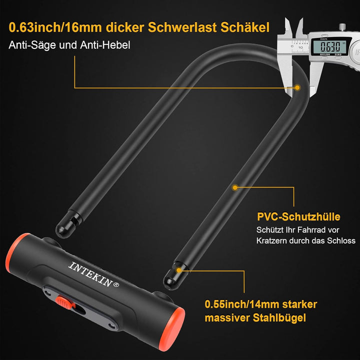INTEKIN Fahrradschloss Bügelschloss mit Halterung, 16mm Fahrrad Bügelschloss mit 3 Schlüssel, Hohe S