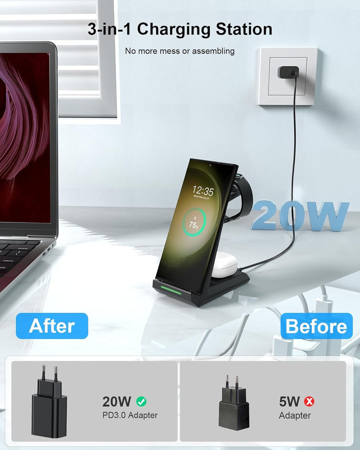 NANAMI Induktive Ladestation für Samsung Wireless Charger 3 in 1 Ladestation Kompatibel für Galaxy W