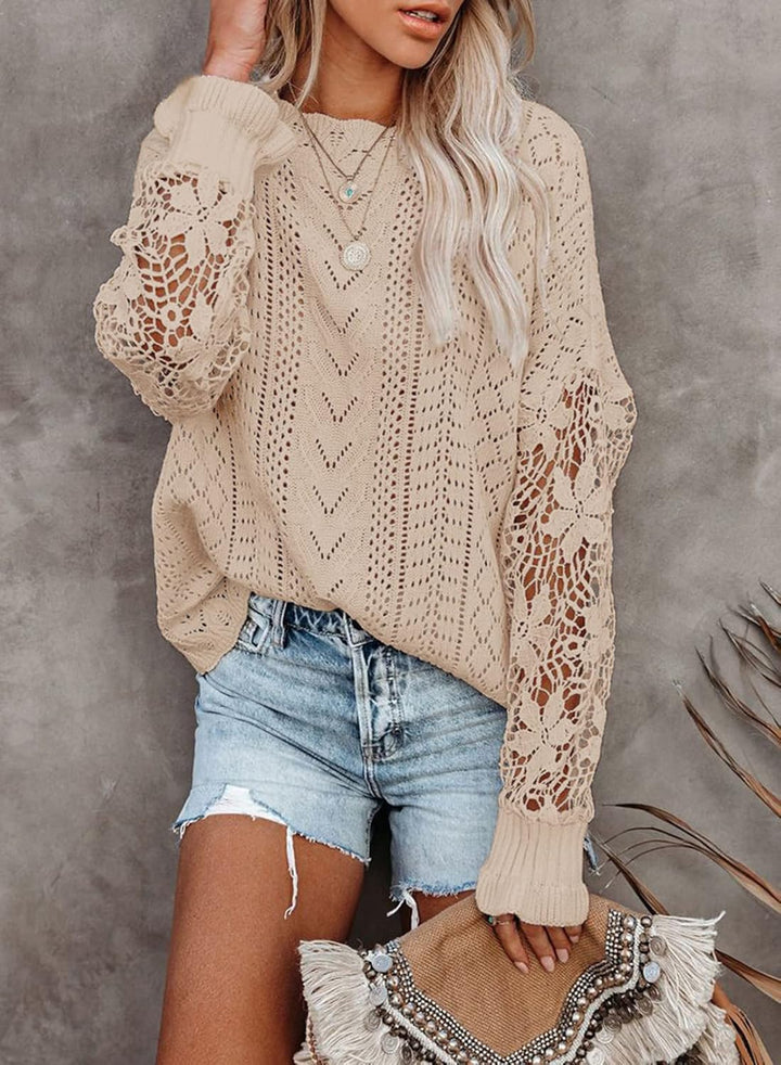 Maavoki Pullover Damen Spitze Strickpullover Lässige Rundhals Lace Langarm Häkelpullover Elegantes E
