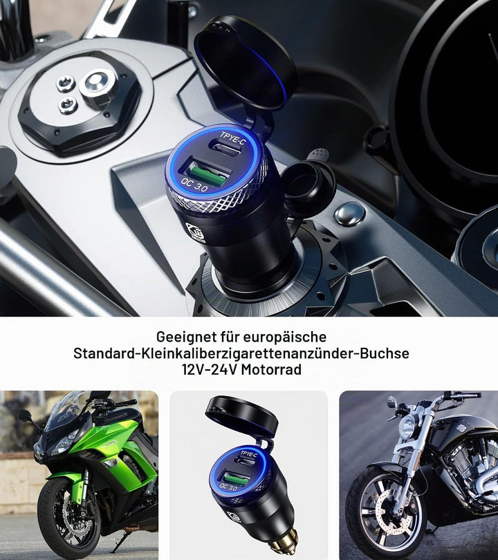 Kewig Aluminium DIN Hella Powerlet Stecker Ladegerät 30W Motorrad Dual Schnellladegerät 3.0 USB Lade