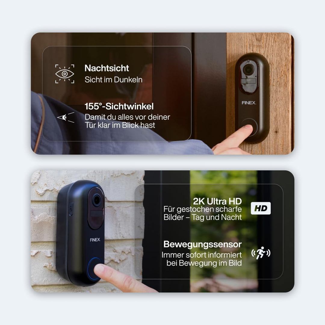FINEX Video Türklingel, inkl. Innenklingel &amp; Batterien, Tag- &amp; Nachtmodus, Ohne Abonnement, Kabellos