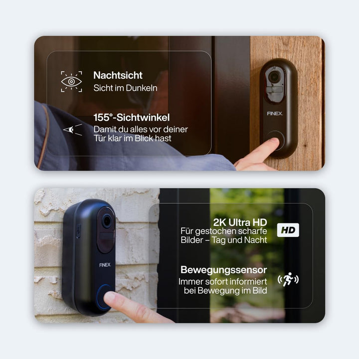 FINEX Video Türklingel, inkl. Innenklingel &amp; Batterien, Tag- &amp; Nachtmodus, Ohne Abonnement, Kabellos