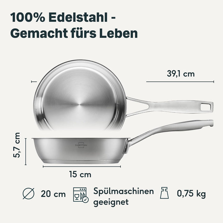 SILBERTHAL Edelstahl Pfanne Unbeschichtet - Induktion - Profi Bratpfanne 20cm - Röstaromen - Ofenfes