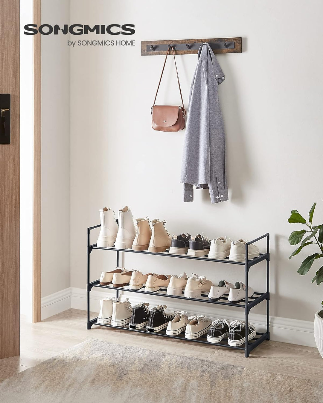 SONGMICS Schuhregal 3 Ebenen, Schuhständer Metall, Schuhaufbewahrung, Schuh-Organizer für 12-15 Paar