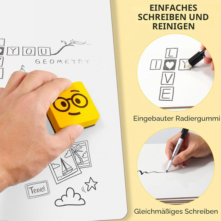 Ohuhu 6 Stück Whiteboard Klein A4, Doppelseitige Mini Whiteboard mit 6 Stiften und 6 Radiergummis, T
