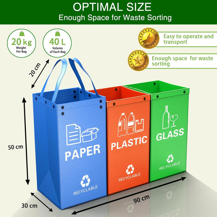 KAOHONG Mülltrennsystem Taschen 3 Fächer für Plastik, Glas, Papier Perfekt als Mülltrenner, Pfandfla
