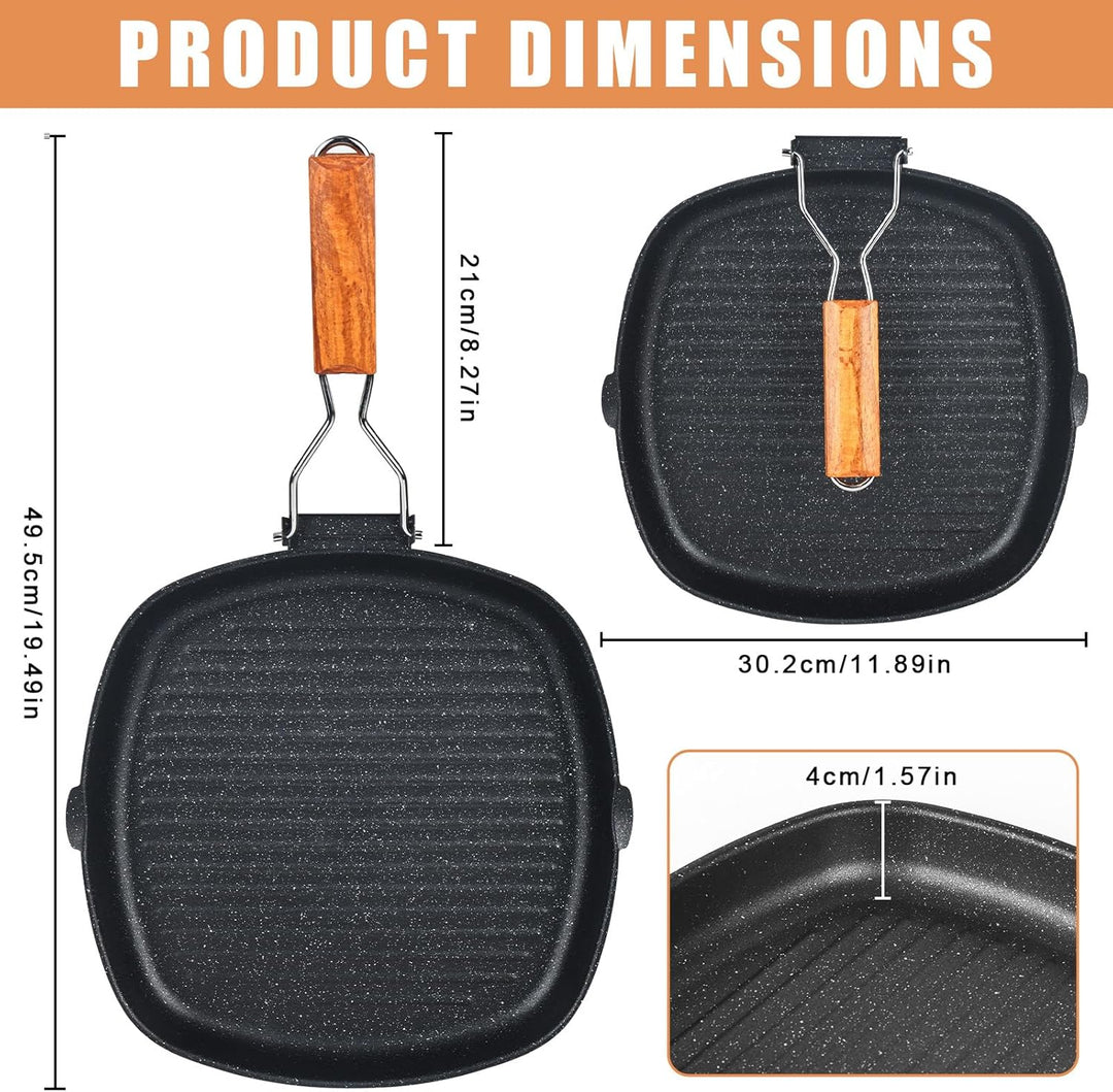 Grillpfanne Induktion, 28 x 28 CM Steakpfanne, Grillpfanne Gusseisen, Antihaft-Grillpfannes Mit Klap