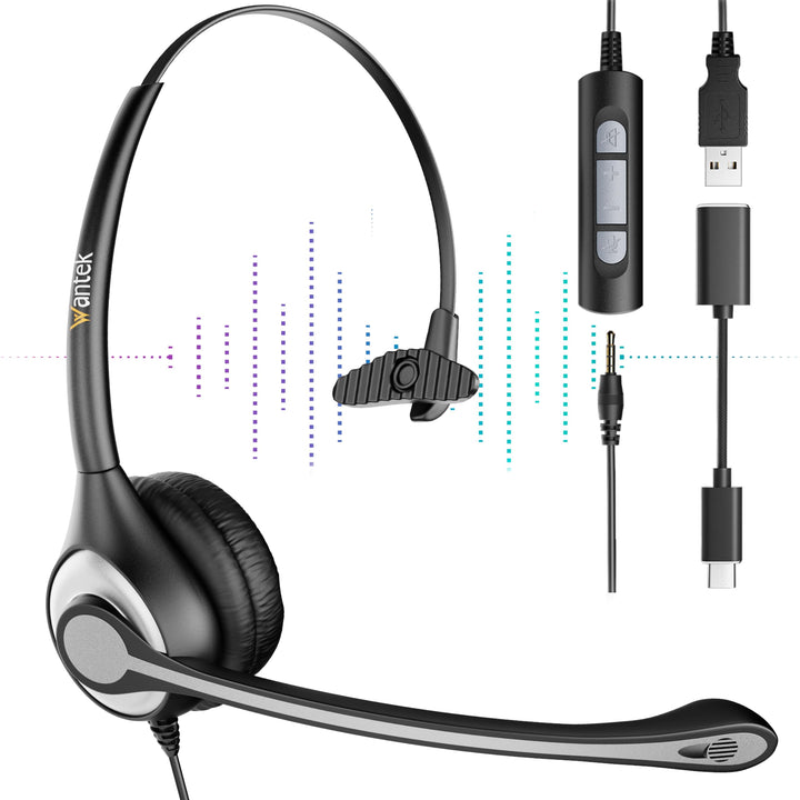 Wantek Headset mit Mikrofon Single Ear Headset mit Noise Cancelling Mic und 3,5mm/USB/Type-C Stecker