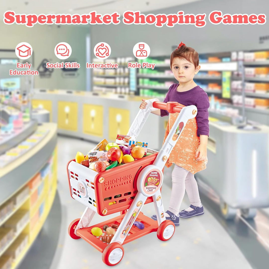 Einkaufswagen für Kinder, 31PCS Supermarkt Einkaufswagen Spielzeug mit Obst Gemüse Kaufladen Zubehör