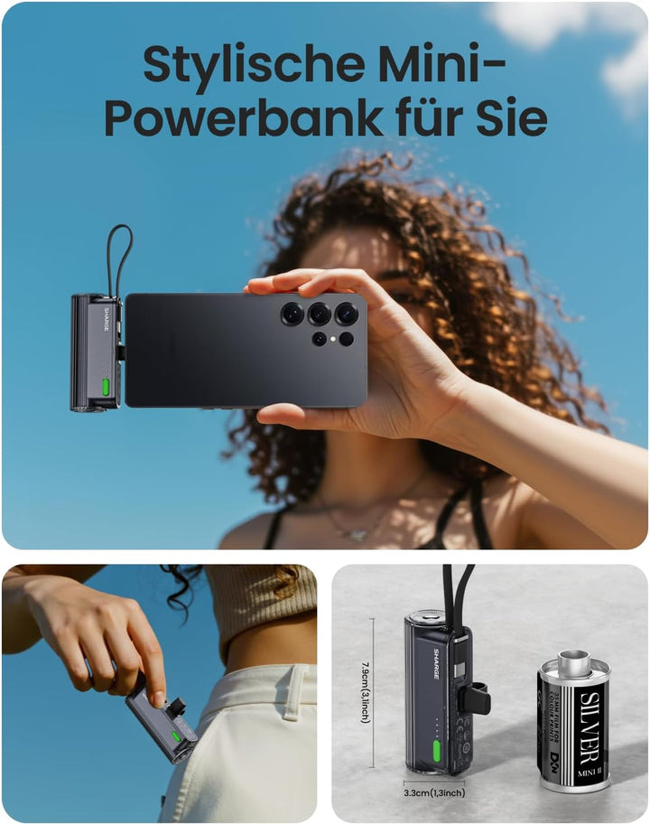 SHARGE Flow Mini 2 Power Bank 22.5w Max, Kleine Powerbank für Unterwegs, Schnelllade-Akkupack mit Li